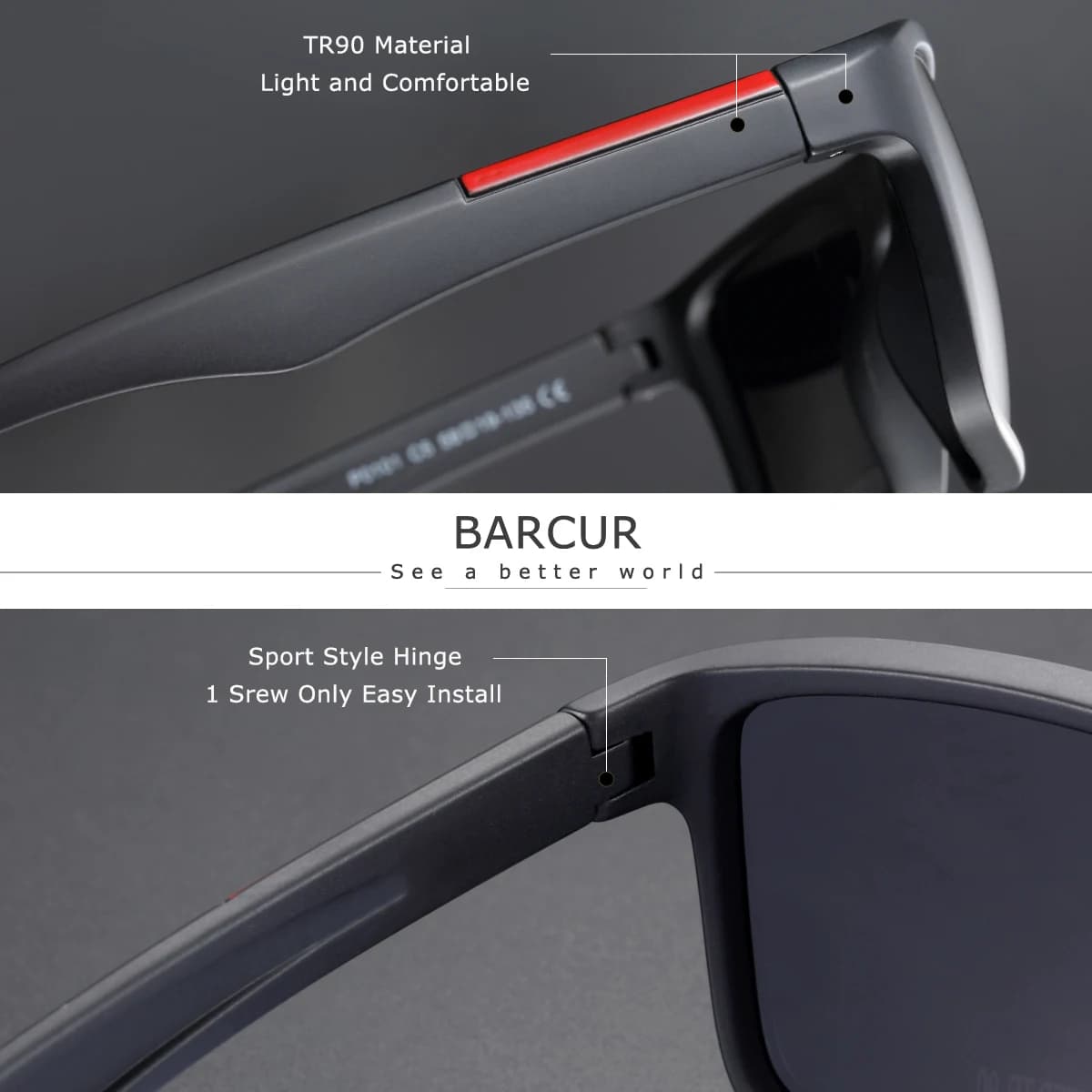 BARCUR mode TR90 hommes lunettes de soleil robuste Durable cadre rectangulaire Cool Sports de plein 