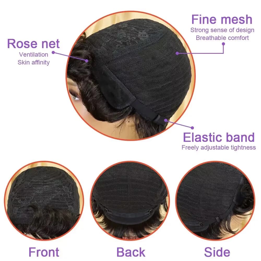 Perruque courte coupe pixie droite en cheveux humains pour femmes, fabriquée à la machine, avec fran