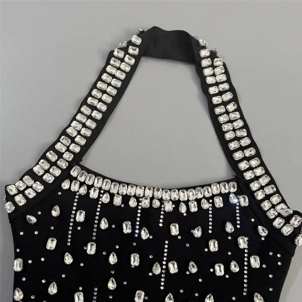 Robe de soirée mini pour femme, style halter, ornée de strass et de diamants, idéale pour les clubs 