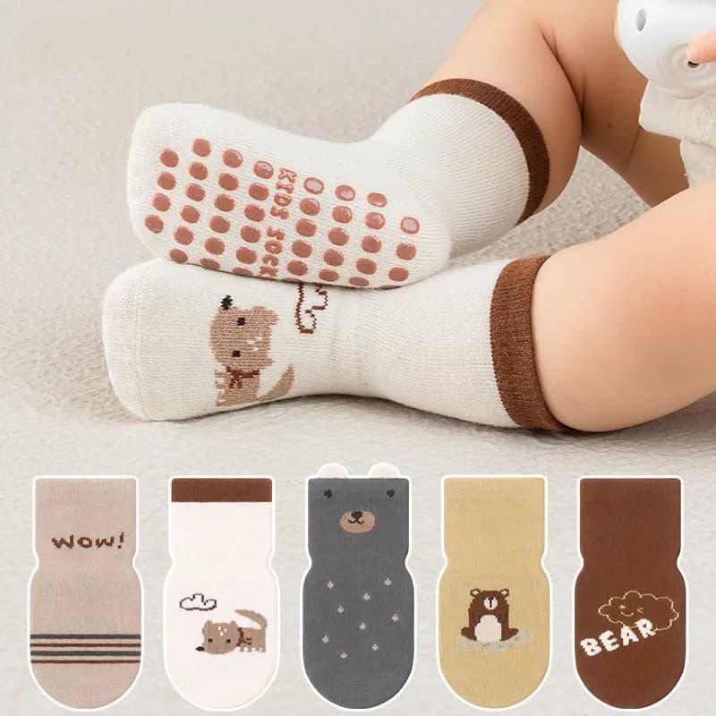5 paires de chaussettes antidérapantes en coton pour enfants, garçons et filles, chaussettes de sol 