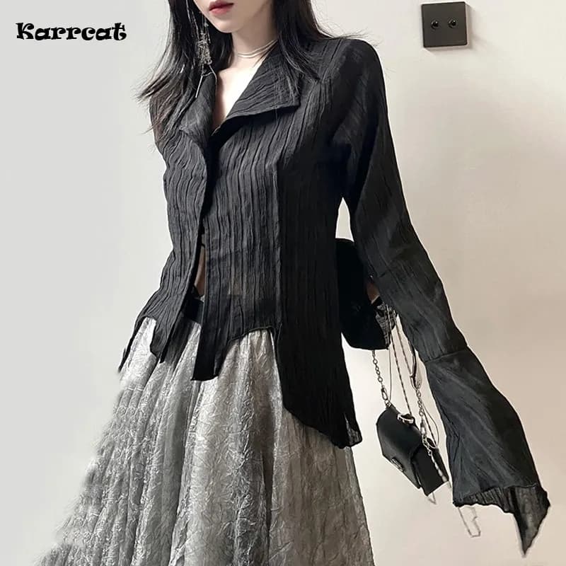 Karrcat – chemises gothiques noires, irrégulières, Style Yamamoto, Blouse à manches évasées, vêtemen