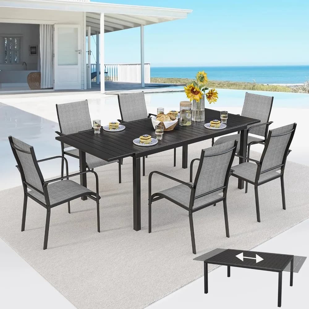 Ensemble de salle à manger de patio 7 pièces avec table rectangulaire extensible (38 "-84"), 6 chais