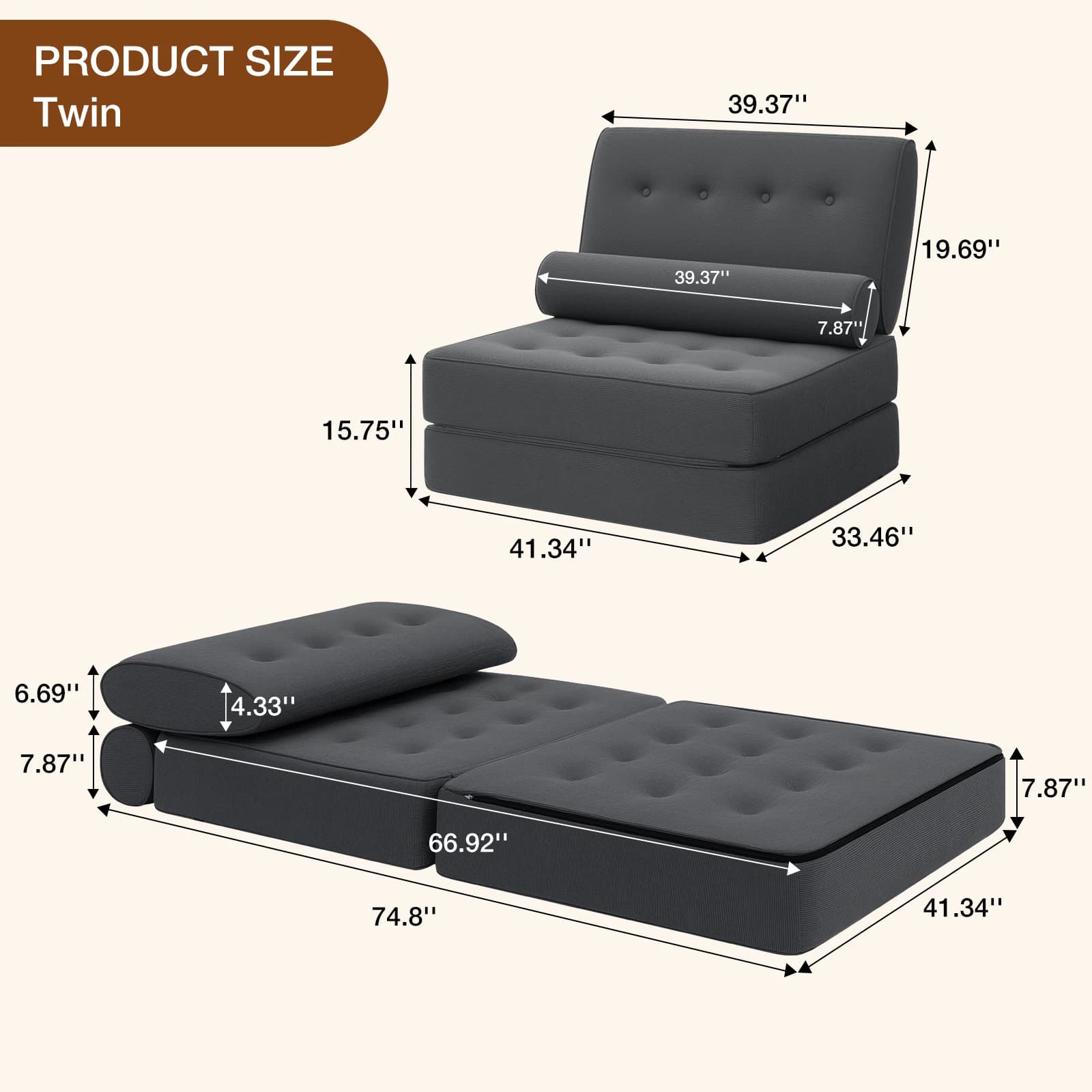 Canapé-lit pliant 3 en 1, canapé-lit Convertible avec 2 oreillers, matelas pliable avec Support dors