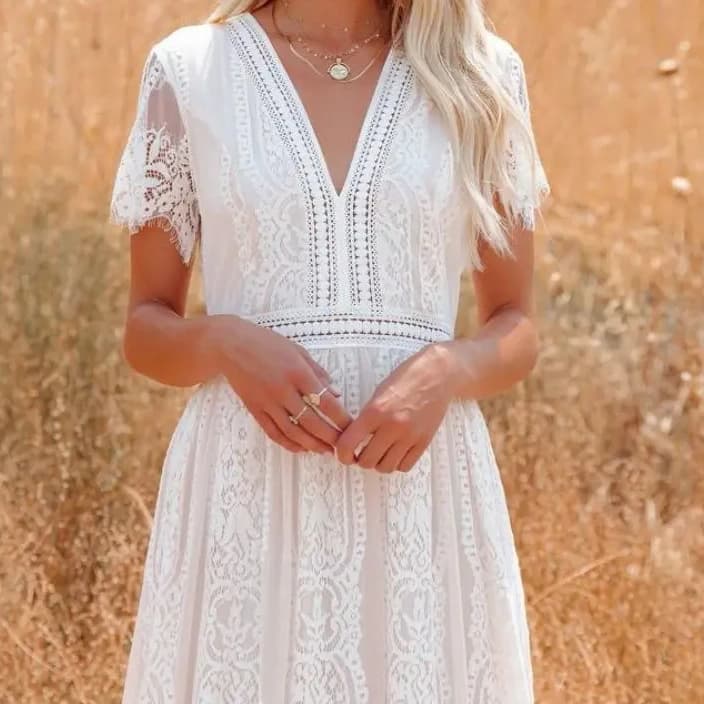 Robe en dentelle taille haute à col en V pour femmes, robes de soirée élégantes, longue robe de plag