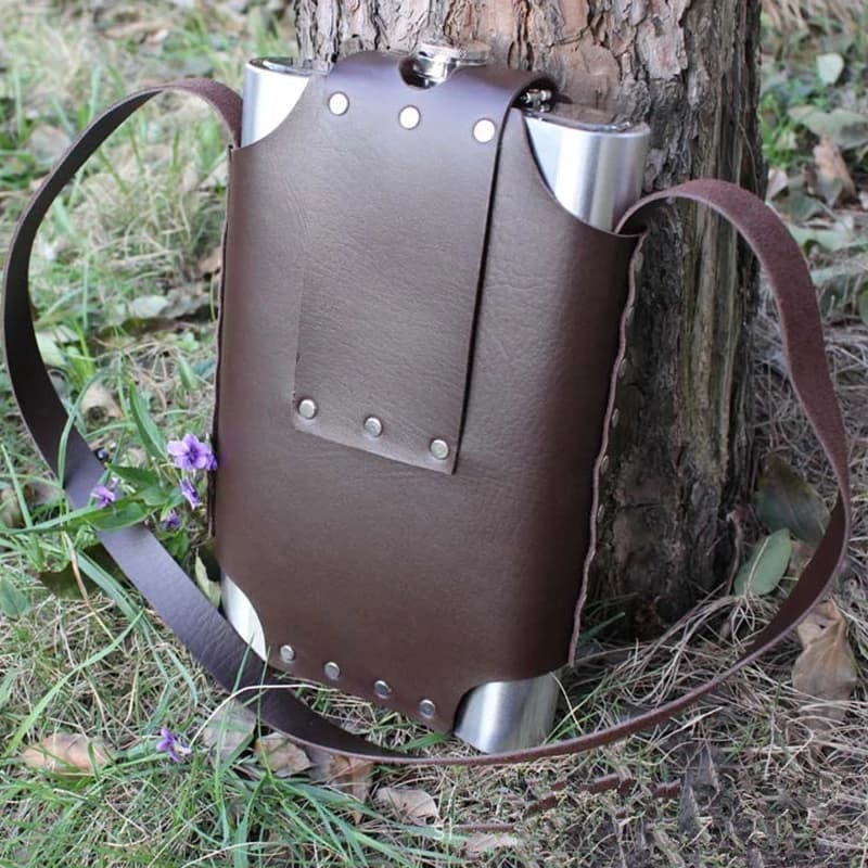 Flacon de hanche Portable en acier inoxydable de 64oz, Pot de vin de whisky, couvercle en cuir, bout