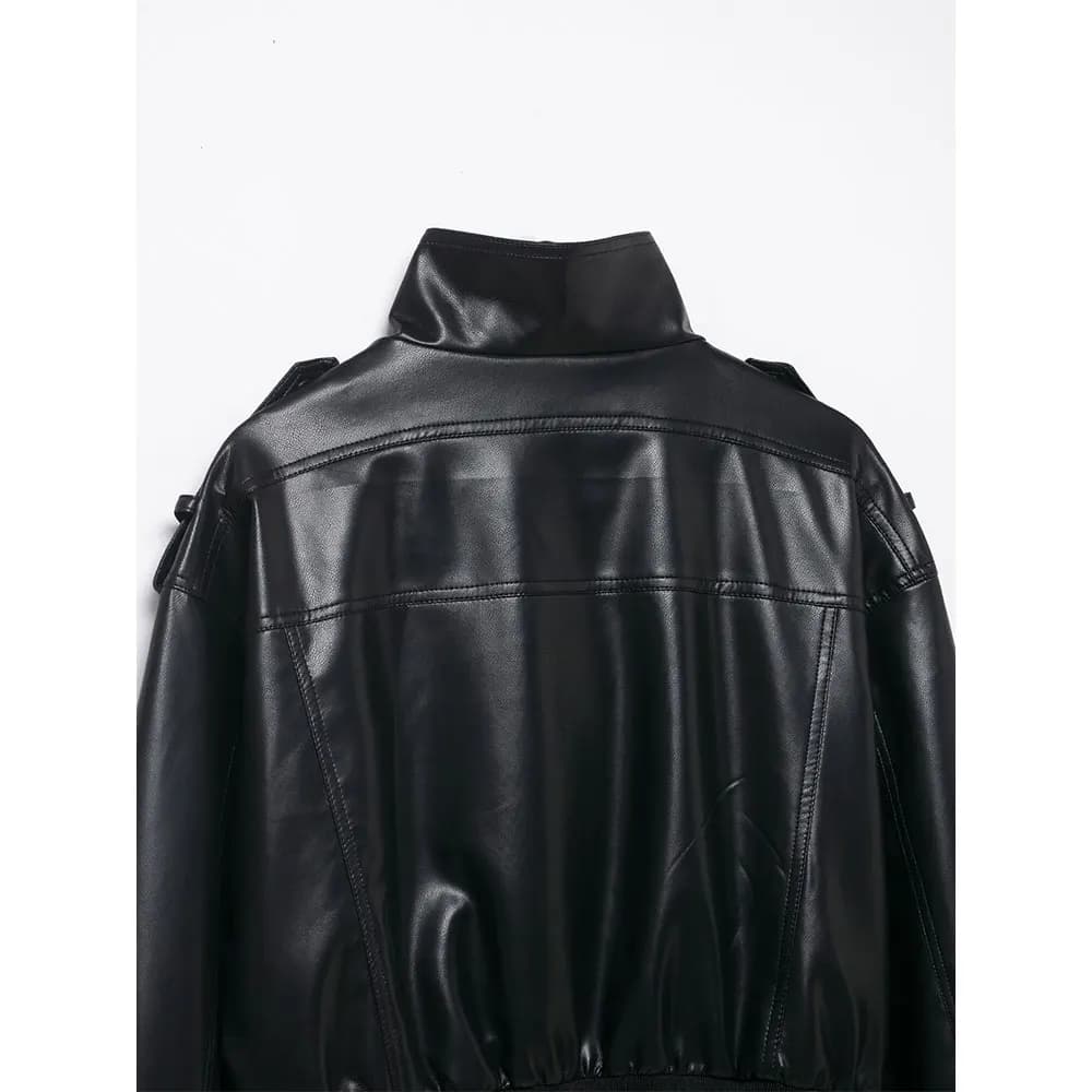 DUOPERI femmes mode avec poches PU noir vestes haute rue col haut manches longues manteaux femme élé
