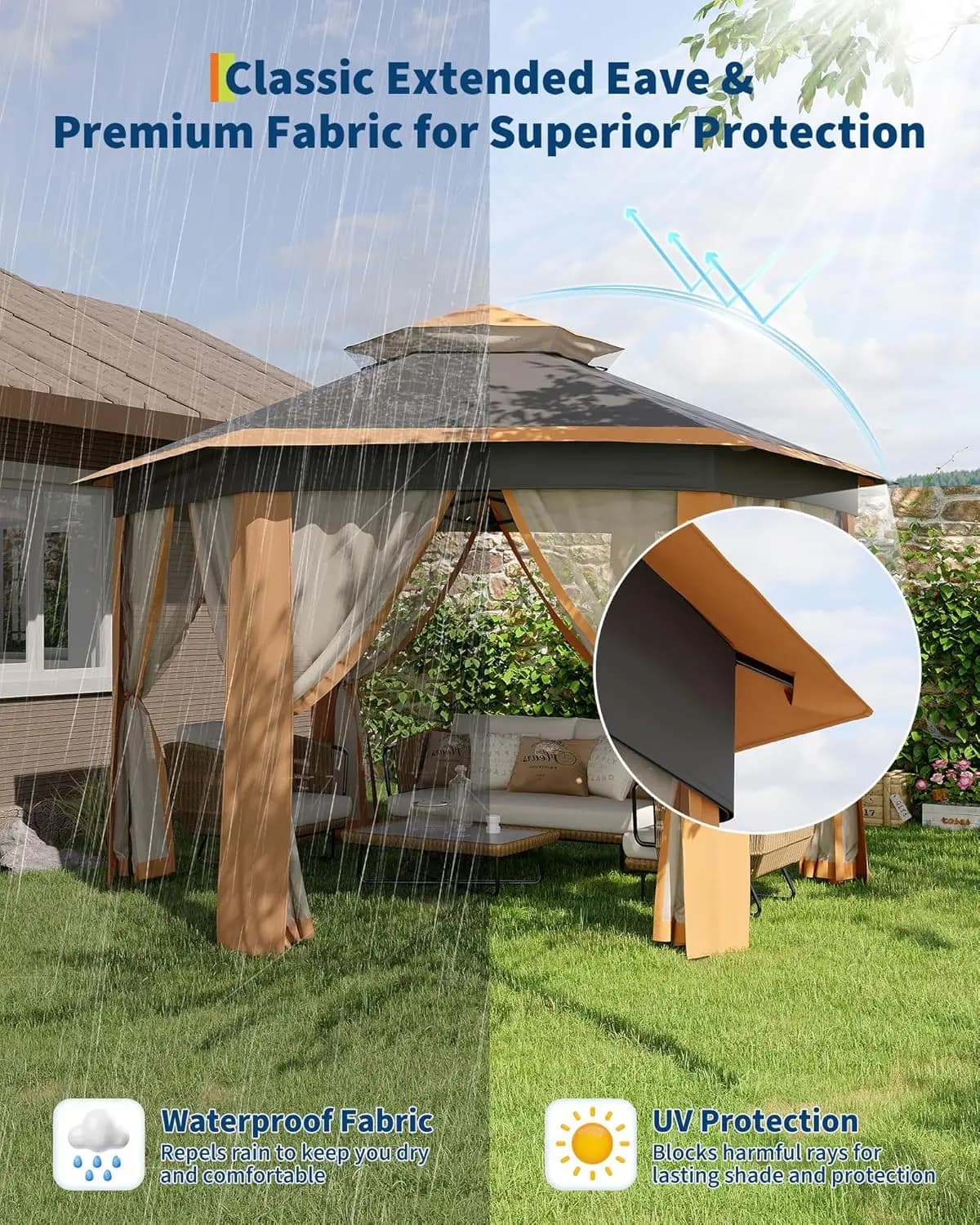 Gazebo hexagonal pop-up 13'x13' avec moustiquaire, tente instantanée, structure en acier et sacs de 