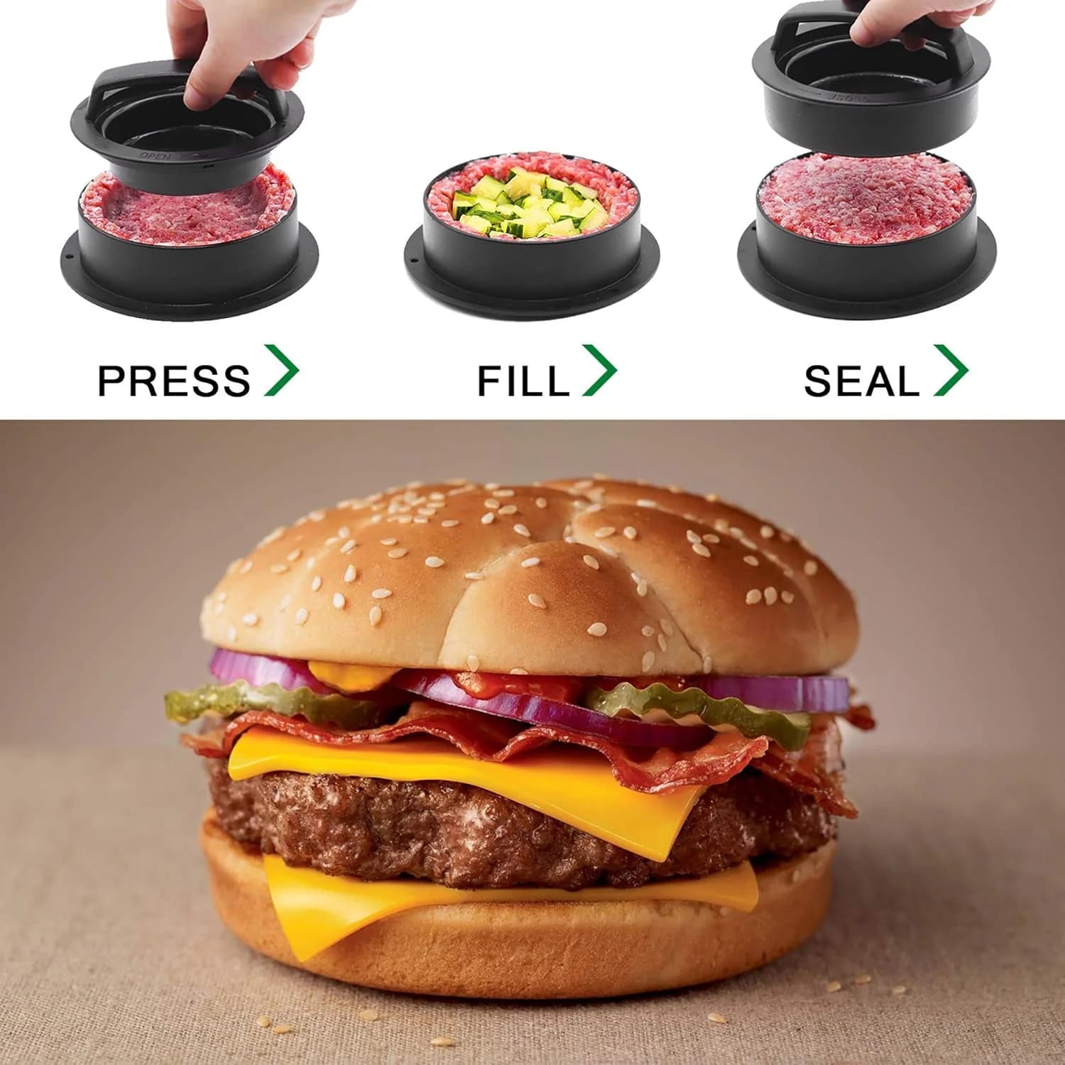 Presse à hamburgers 3 en 1, machine à galettes, antiadhésive, pour la viande, le bœuf, les légumes, 