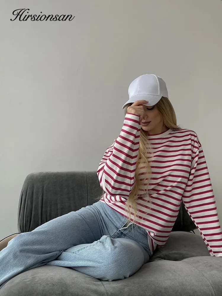 Hirsionsan – t-shirt rayé à manches longues pour femmes, 2023 coton, surdimensionné, décontracté, Ch
