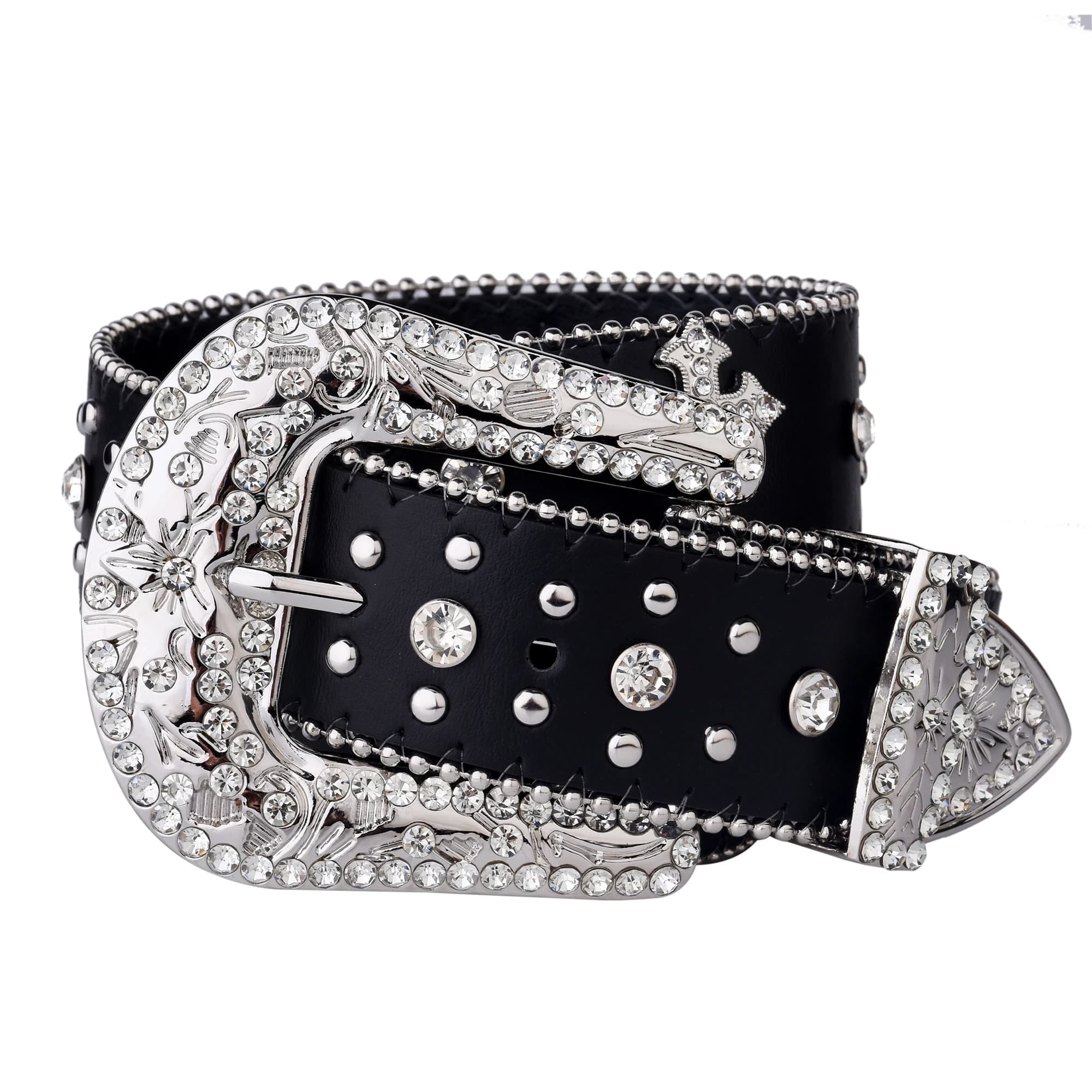 Ceinture à rivets croisés noirs, boucle gravée, décor en strass, ceinture en PU, Hip Hop, pantalon e