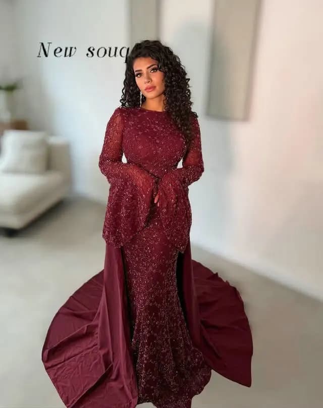 Robes de soirée sirène à manches longues évasées couleur menthe bordeaux, broderie personnalisée, ro