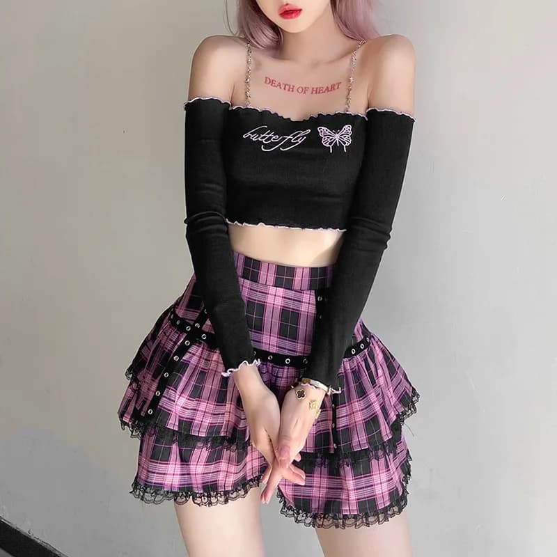 Lolita gâteau Mini jupes gothique japonais Harajuku filles violet rose Plaid jupe plissée Punk doux 