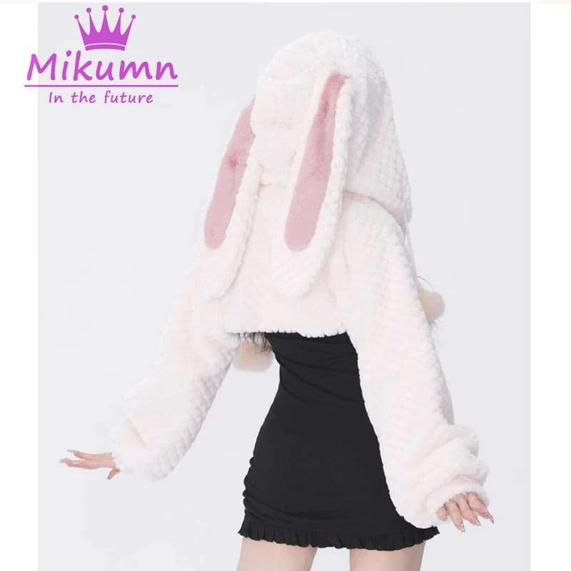 Mikumn japonais Harajuku filles belles oreilles de lapin veste courte Lolita Kawaii à capuche en pel