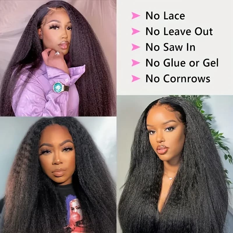 Perruque Yaki lisse crépue avec raie en V, cheveux naturels sans colle, couleur noire naturelle, san