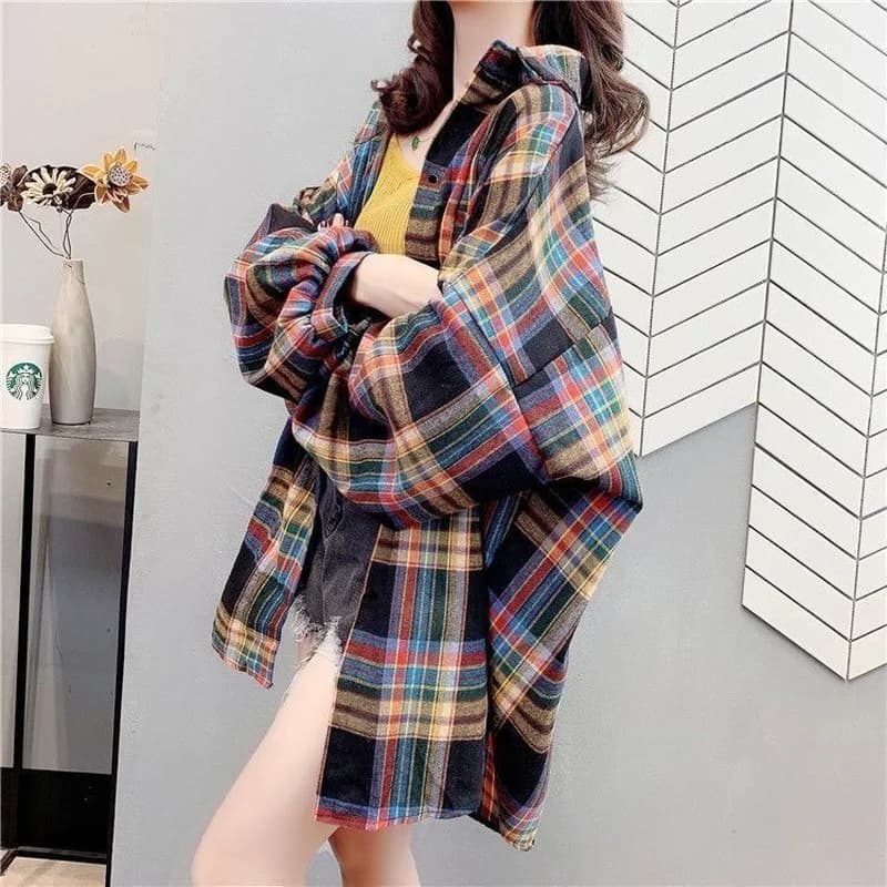 Tunique à manches longues pour femmes, chemises à carreaux, décontracté, 3XL, adt, vintage, Harajuku