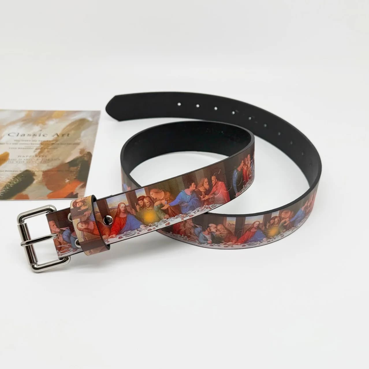 Ceinture large rétro style High Street, motif Dernière Cène, en cuir épaissi, avec boucle en alliage