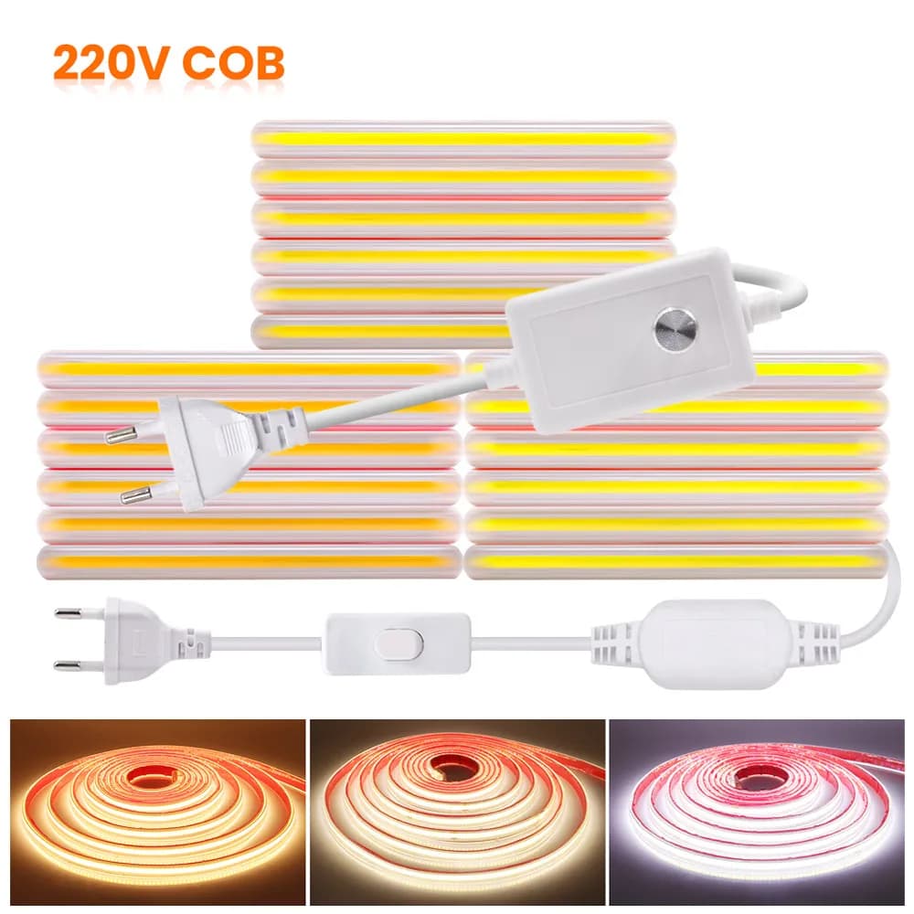 Bande lumineuse LED COB à intensité variable, 220V, Flexible, avec variateur, Kit d'alimentation, 28