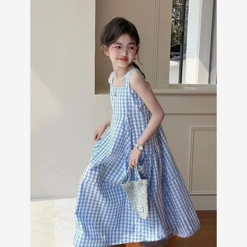 UNITIM – robe d'été sans manches pour filles, en coton, à carreaux bleus, pour enfants de 4 à 14 ans