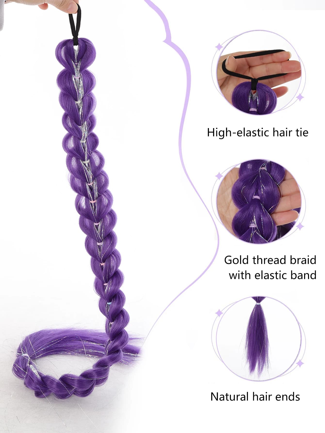 32 pouces tressé violet cheveux queue de cheval avec guirlandes perruque Super Extensions brillant g