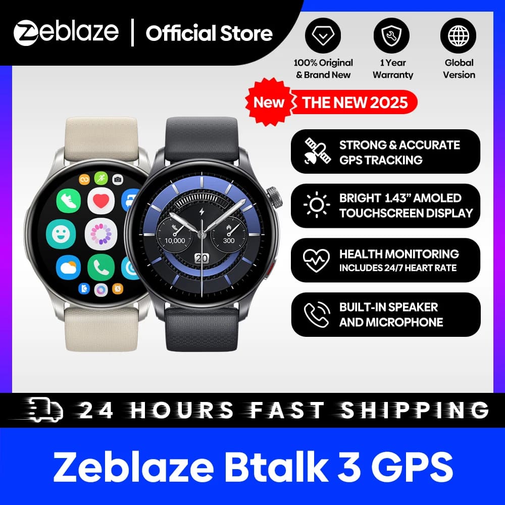 Zeblaze-Banti3 Smartwatch avec GPS, écran AMOLED 1.43 ", bracelet pour touristes, passer/répondre à 