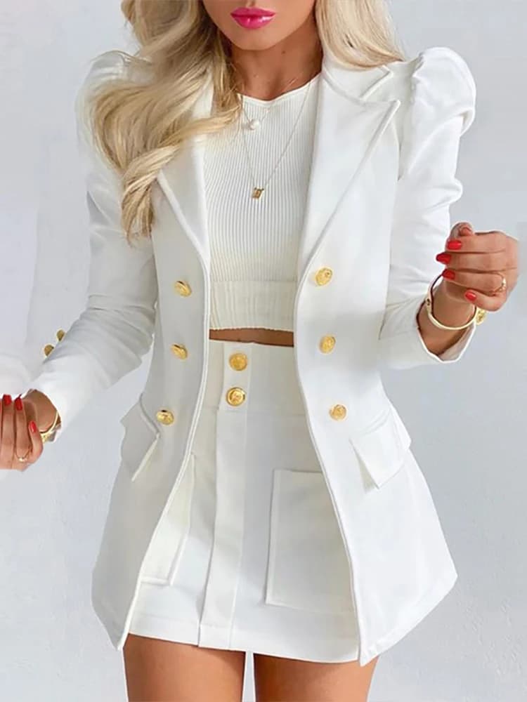 Ensemble Deux Pièces pour Femme, Tenue de Bureau, Couleur Unie, Manches Bouffantes, Jupe à lèvent Ta