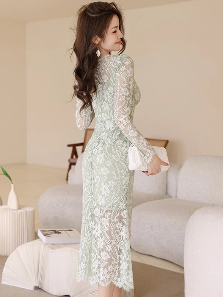 Robe maxi en dentelle transparente pour femme, robe de soirée, robe de vacances, dentelle transparen