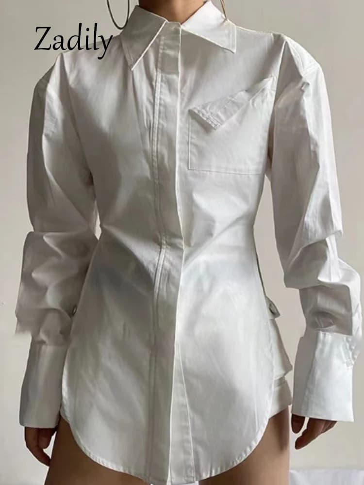 Zadily 2025 automne nouveau en Streetwear à manches longues chemise blanche femmes minimaliste poche