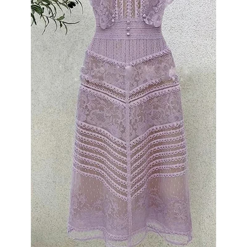 Robe de Luxe en Dentelle Violette pour Femme, Tenue Vintage Brodée de Fleurs, Col Rond, Élégante, Ta