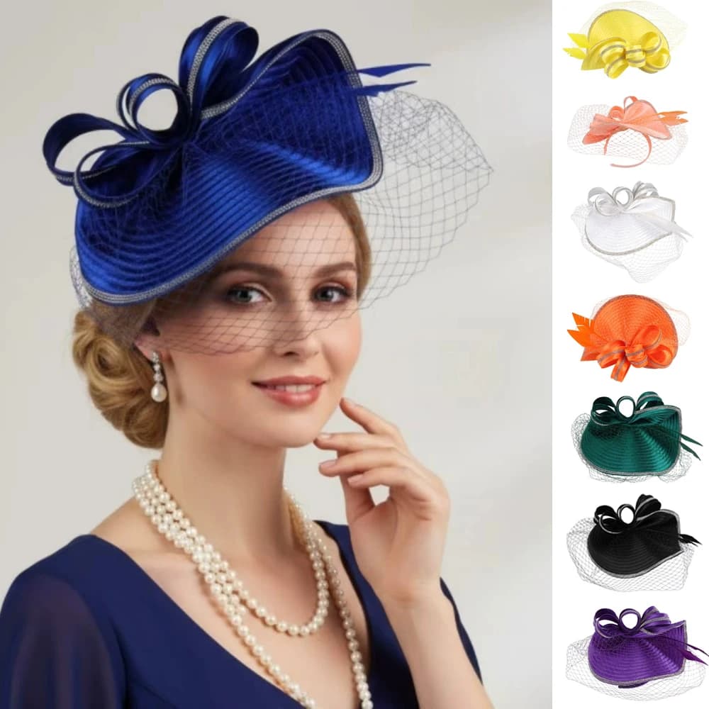 Élégant chapeau bibi en plumes Kentucky pour femme, coiffe en maille pour l'Ascot Royal, voiles et f
