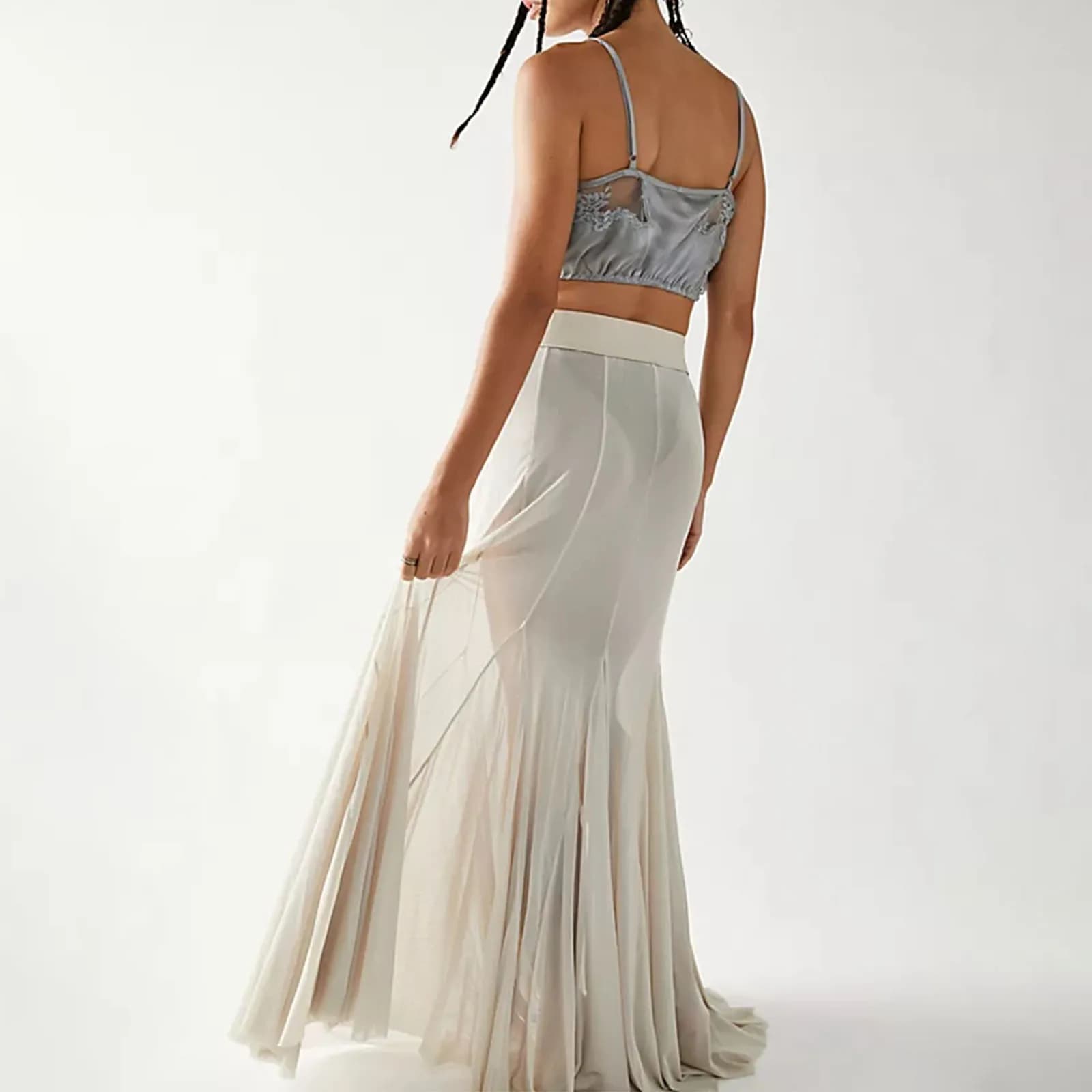 Jupes longues transparentes en maille pour femmes, taille haute élastique, ourlet à volants, jupes f