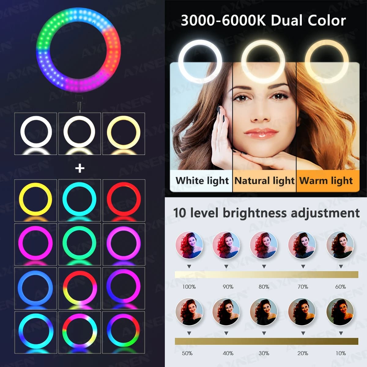 Éclairage ring light RGB avec trépied télescopique, support de téléphone, anneau lumineux de photogr