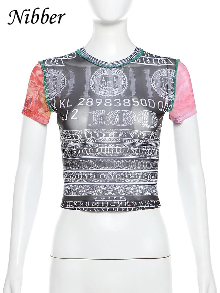 Nibber-T-shirt à manches courtes et col rond pour femme, sexy, transparent, moulant, élastique, impr