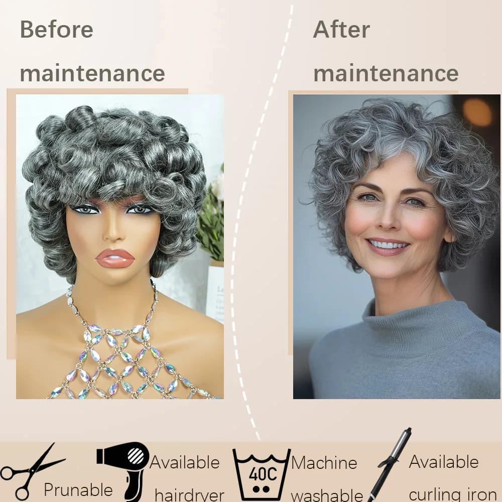 Perruques en cheveux humains coupés pixie, sel et poivre, pour femmes, cheveux gris, noir mélangé av