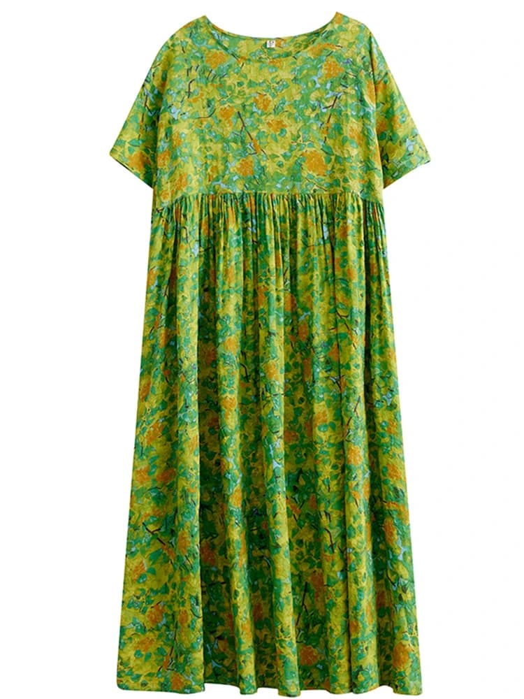 Robe longue décontractée en coton à manches courtes imprimé vert style vintage pour femme 2026 – Ten