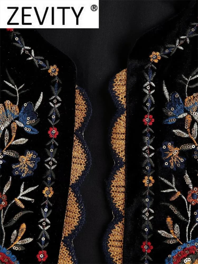 Zevity femmes Vintage paillettes fleur broderie gilet veste dames rétro style national patchwork déc