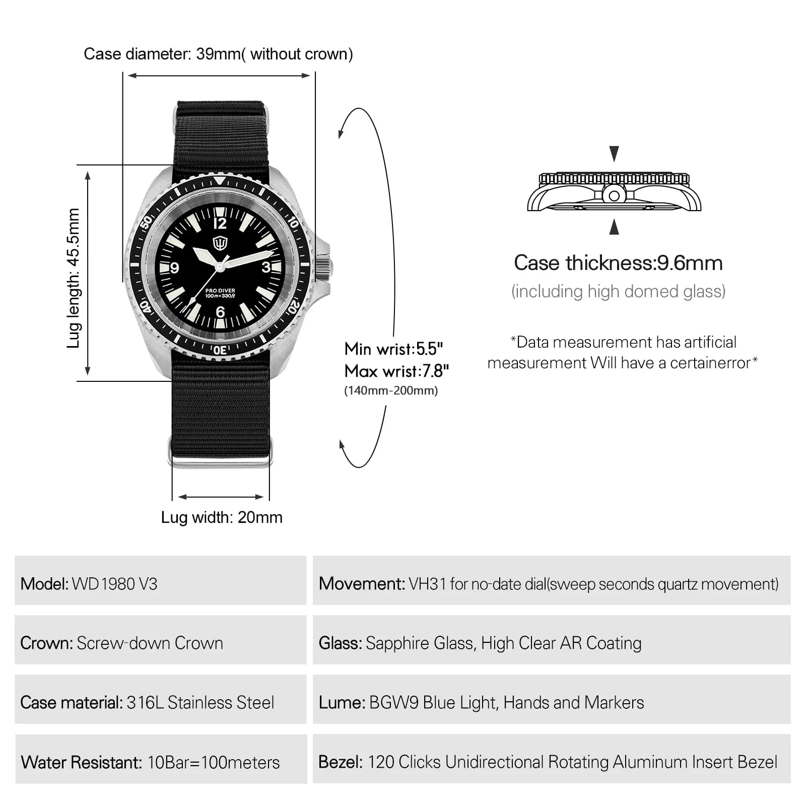 Watchdives WD1980 V3 montre de luxe VH31 balayage secondes mouvement à Quartz AR revêtement verre sa