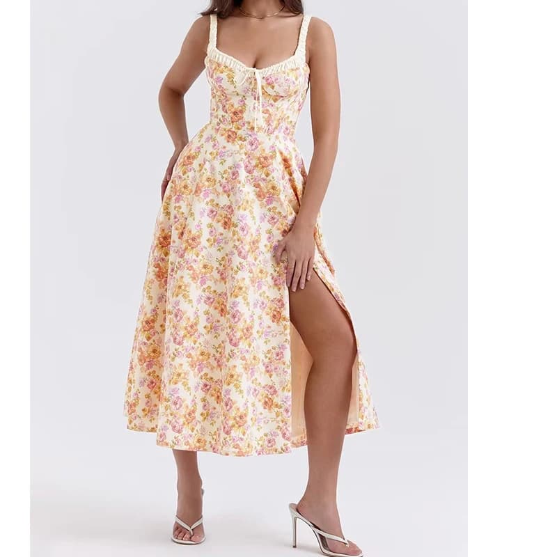 YENKYE-Robe mi-longue à imprimé floral de style français pour femmes, robe à bretelles A-ligne, fent
