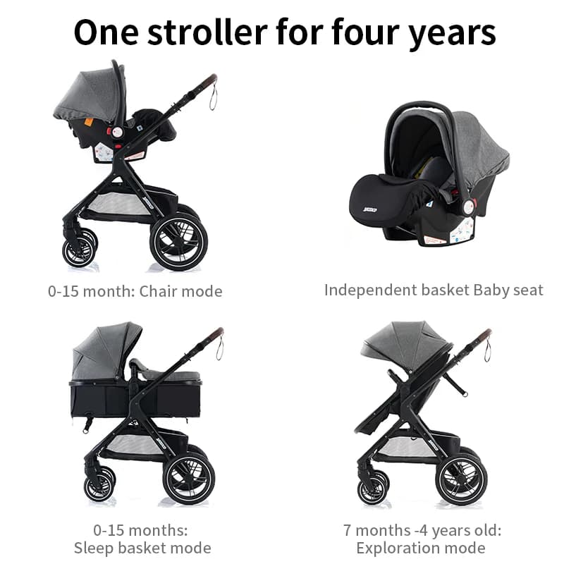 Système de poussette 3 en 1, poussette bébé pliable et légère, poignée réglable, cadre en aluminium 