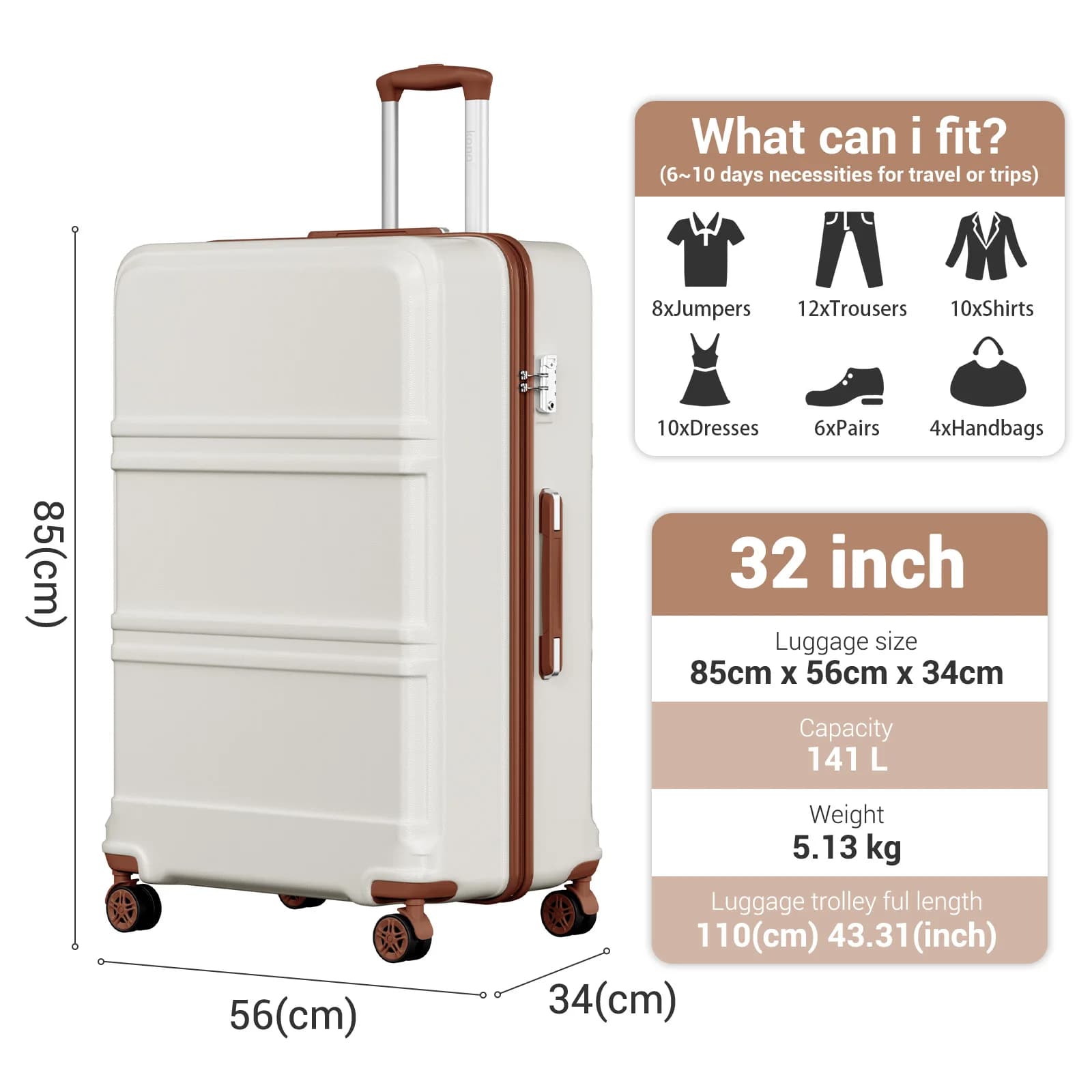 Étui rigide KONO de 32 pouces, chariots légers ABS + PC avec double roues, serrure TSA, valise (S/M/