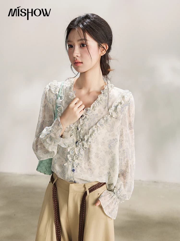 MISHOW – chemisier à volants pour femmes, bleu clair, imprimé Paisley, col en v, manches longues, en
