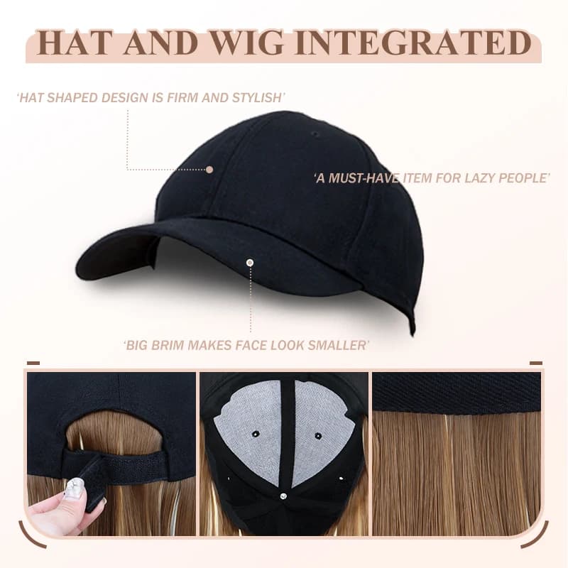 Perruque de chapeau synthétique avec cheveux noirs longs et lisses, Extension capillaire, Design tou