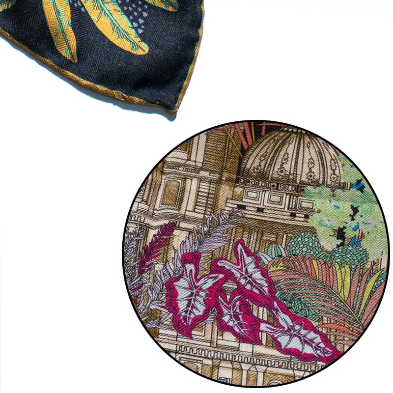 Écharpe en soie 30% et laine 70% pour femme, imprimé jungle tropicale, 65 cm carré, douce, chaude, l