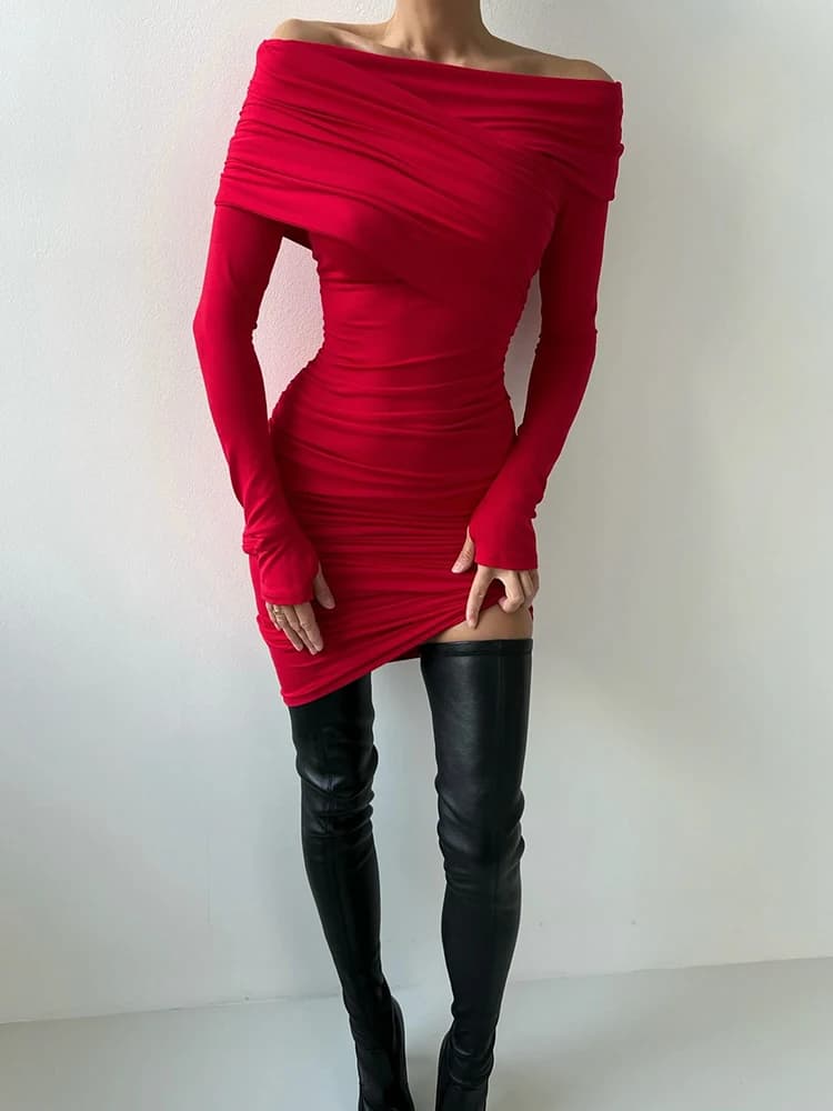 Ahagaga élégant mode Sexy Maxi Robes Streetwear épaules nues décontracté à manches longues mince mou