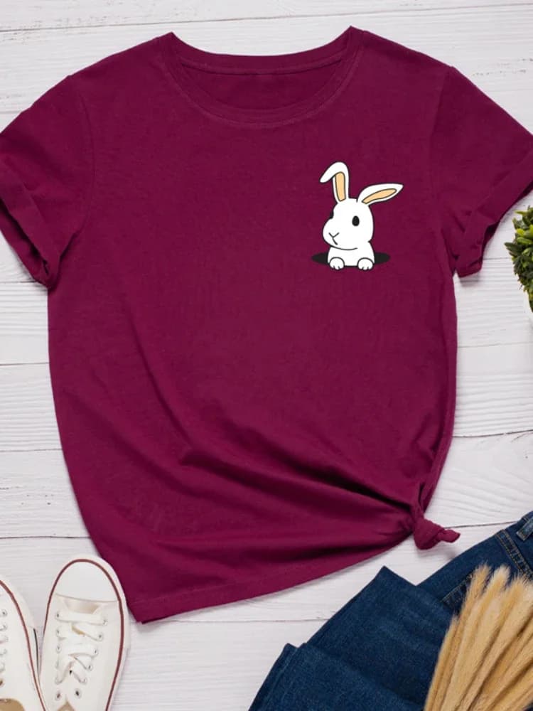 Poche lapin imprimer femmes t-shirt à manches courtes col rond lâche femmes t-shirt dames t-shirt ha