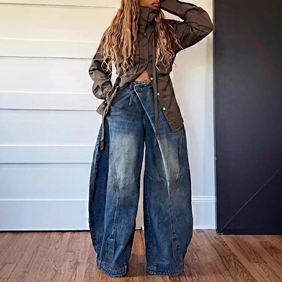 Jean ample vintage en denim pour femme, taille mi-haute, délavé et déchiré, longueur ras du sol, sty