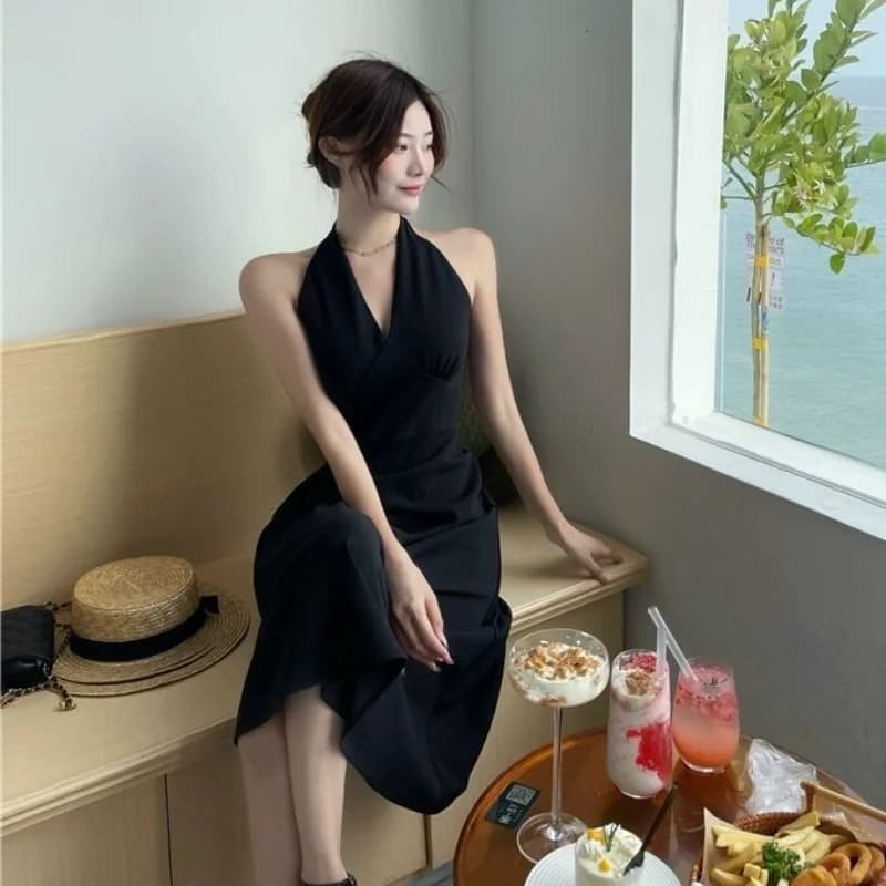 Robe mi-longue à col licou pour femme, robes décontractées pour femme, mince, sexy, simple, tempéram