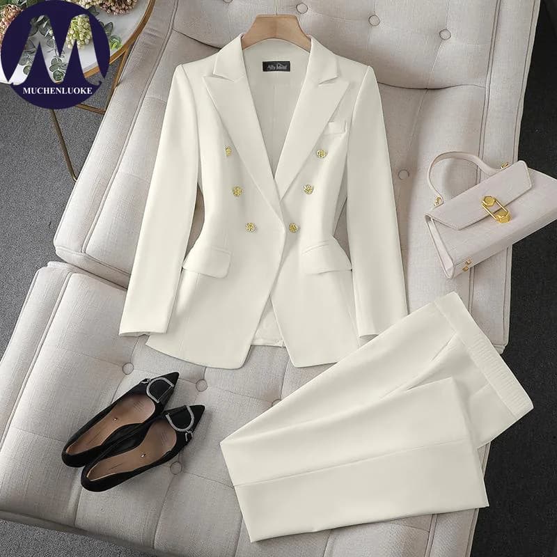 Ensemble deux pièces pour femmes, mode coréenne, blazer à manches longues et pantalon large, tenue d
