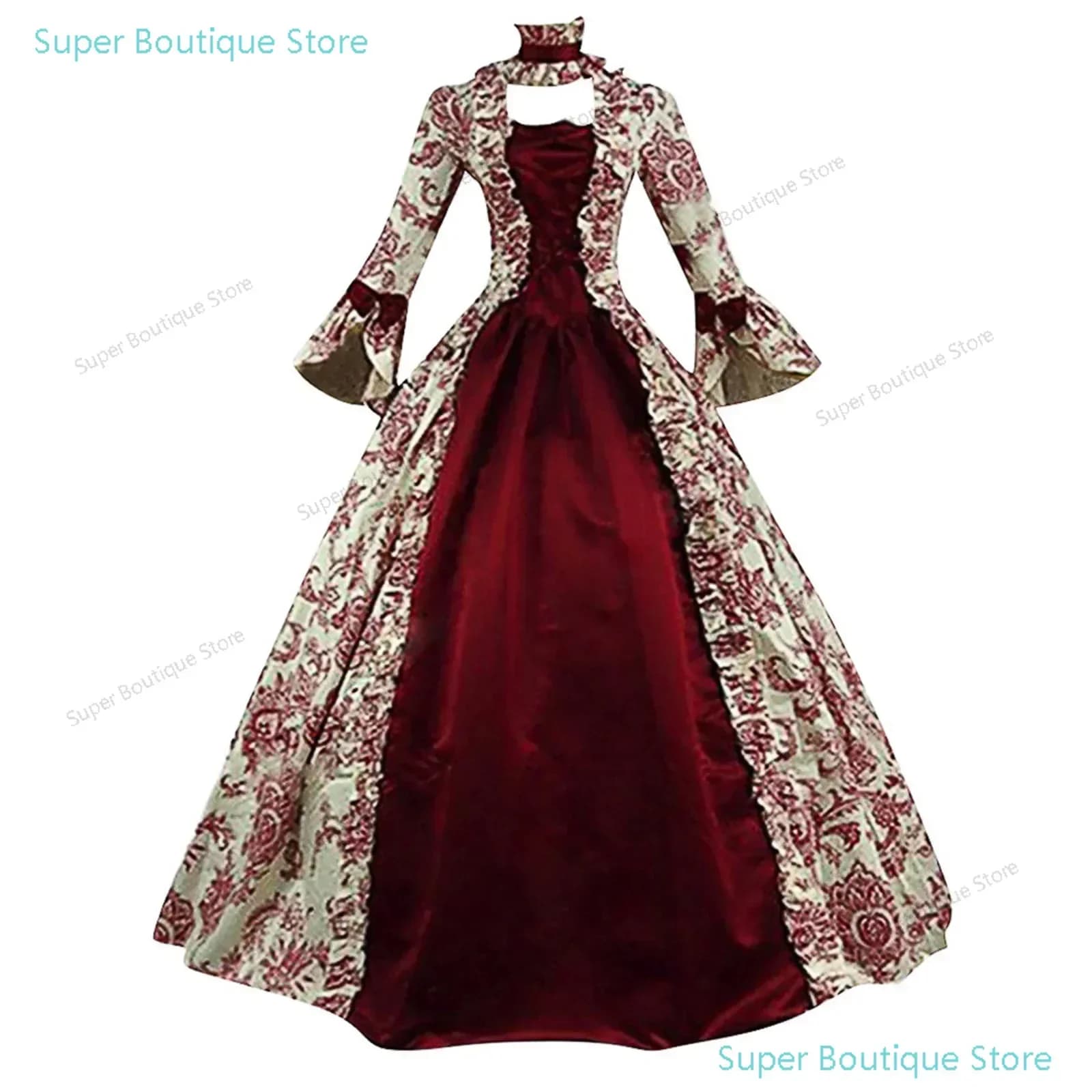 Femmes à lacets robe longue médiévale volants arc Vintage victorien carnaval Maxi Patchwork Floral f