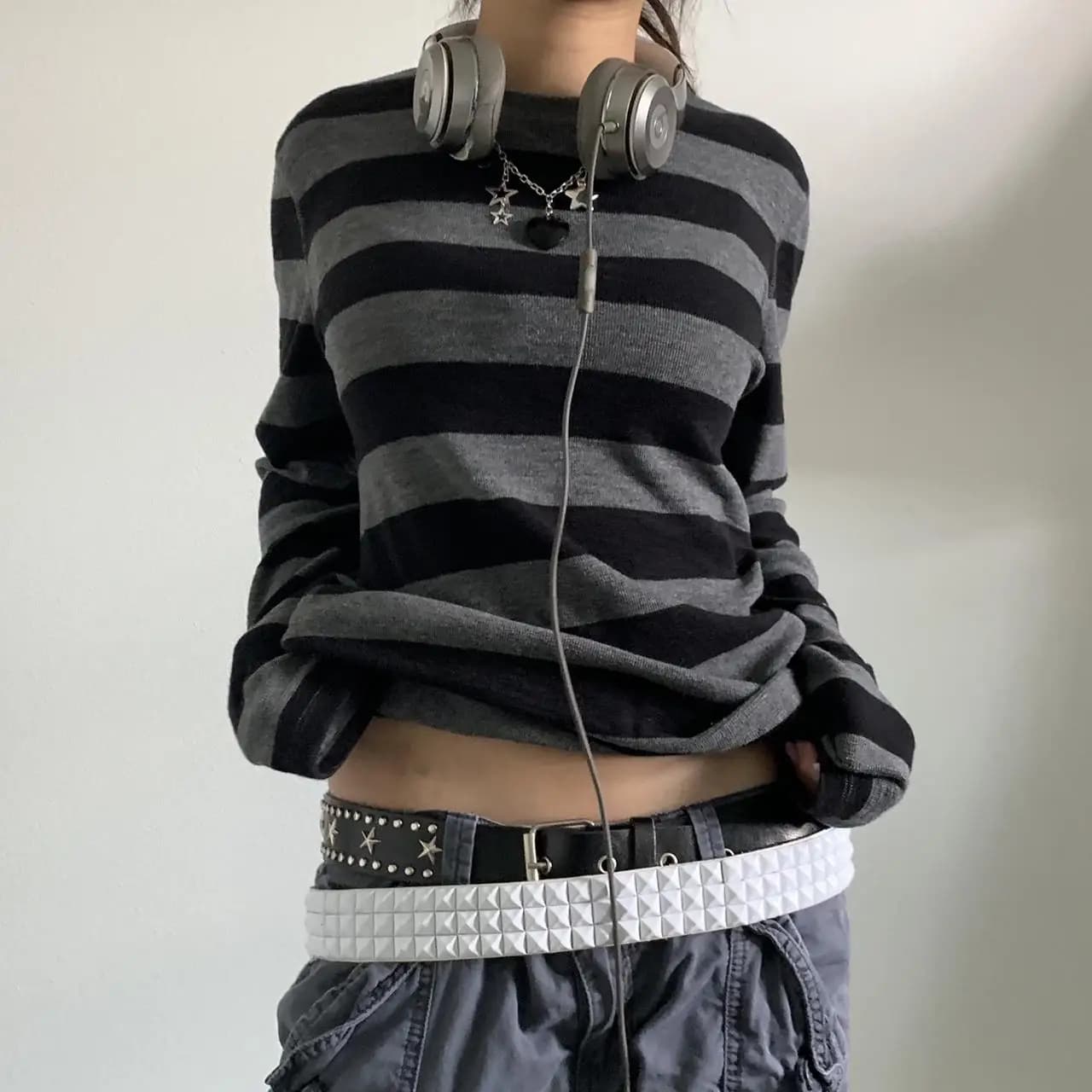 Chemise basique en tricot grunge nickel é pour femme, gris, noir, rayé, manches longues, col rond, t