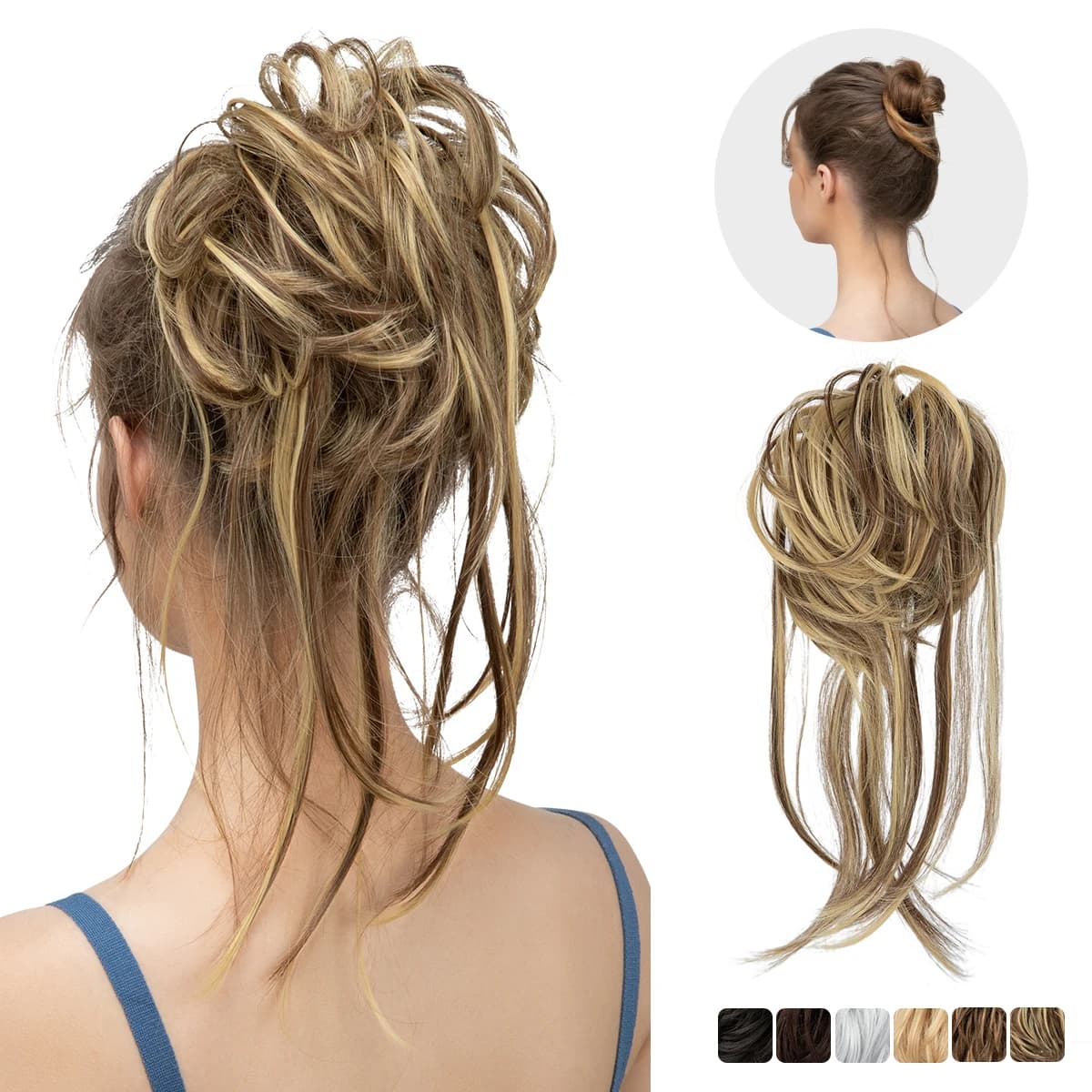 Postiches synthétiques élastiques en désordre, chouchou bouclé, noir, blond, marron, Chignon, beigne